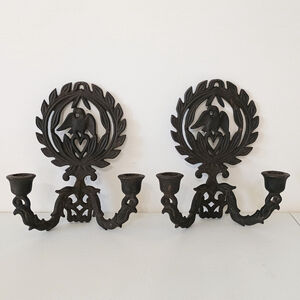 Vintage Pair Of Black Cast Iron Taper Candle Holders Wall Sconces Eagle Wreath